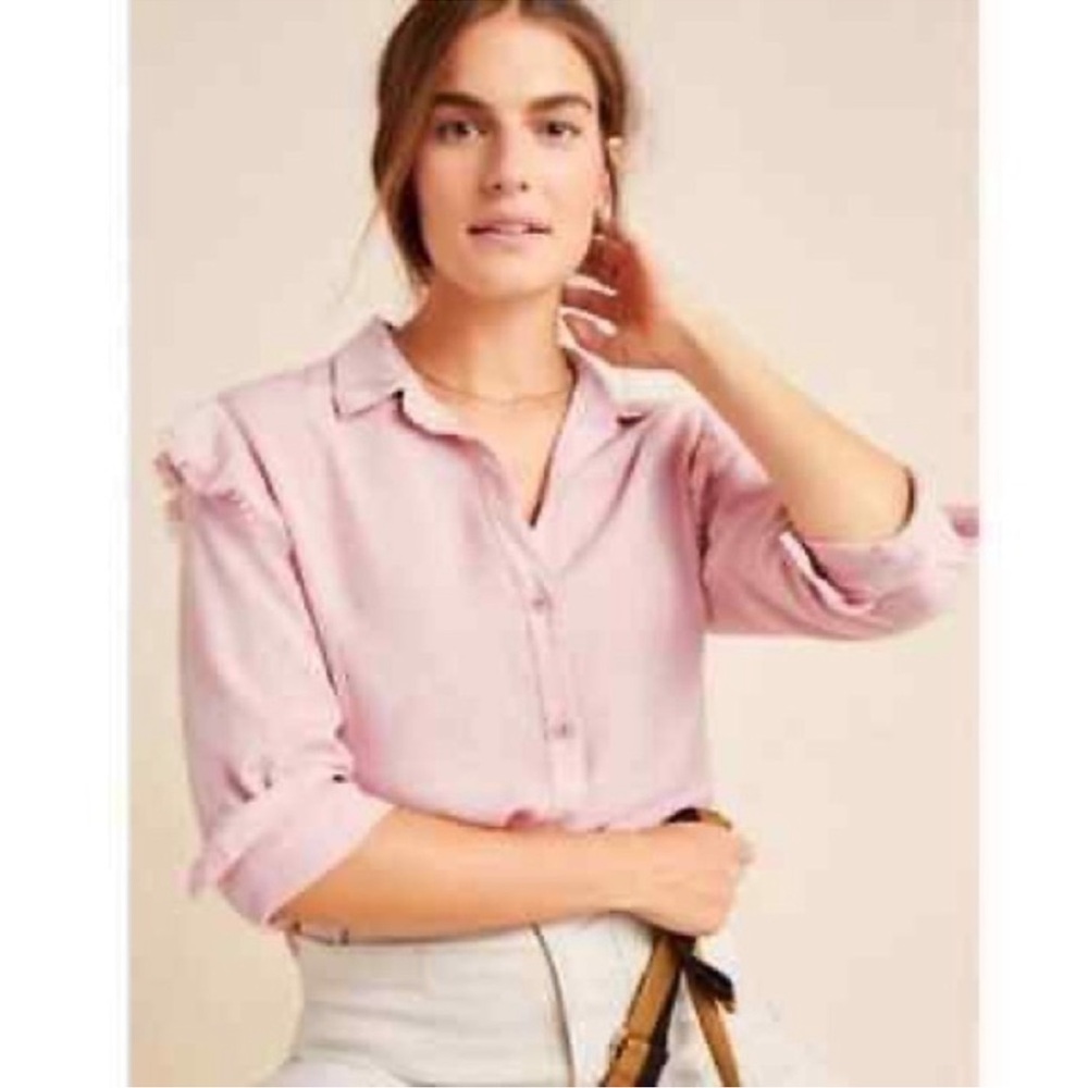Cloth & Stone for Anthropologie pink ruffled shoulder button down
